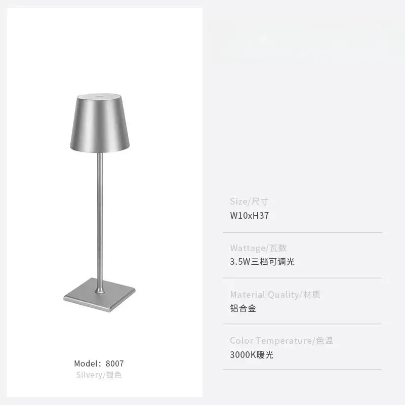 Silver metallic DecorBites™ LED touch table lamp with cylindrical shade and USB charging for home or office use