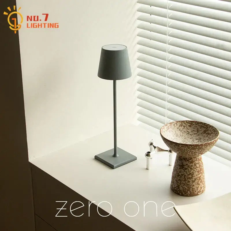 Modern minimalist table lamp with matte gray conical shade and metallic stem decorbites led touch with usb charging