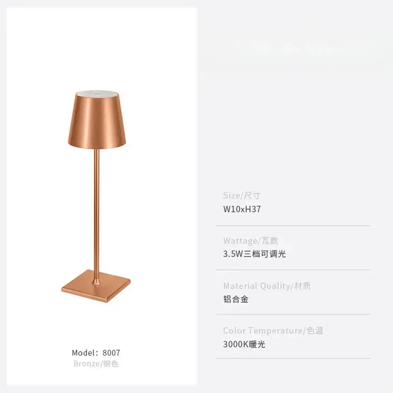 Copper-colored aluminum DecorBites LED touch table lamp with sleek modern design and warm 3000k light for home or office