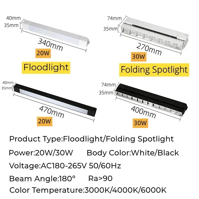 White and black decorbites led track lamps with sleek rectangular folding spotlight fixtures in 20w and 30w options