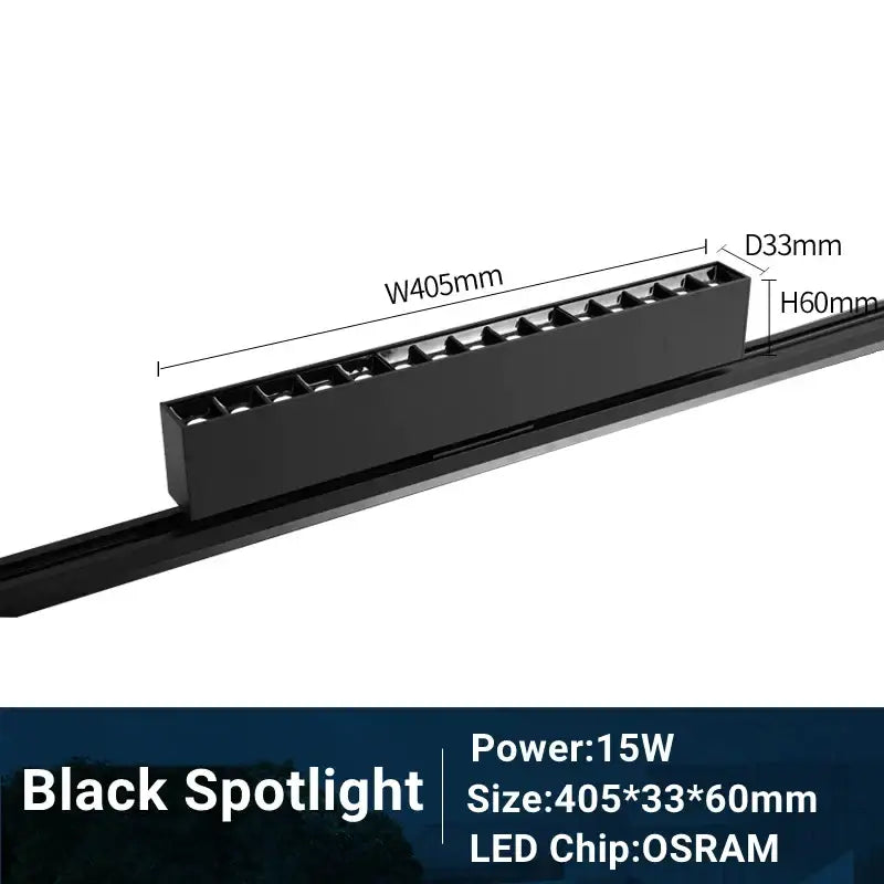 Black DecorBites LED track light with adjustable grille and precise dimensions for linear rail lighting