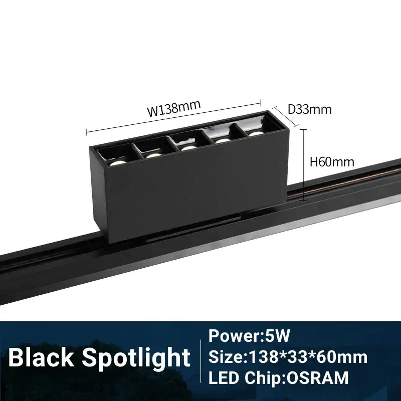 Black rectangular DecorBites LED track light with five integrated led chips 138x33x60mm adjustable grille spot lamp