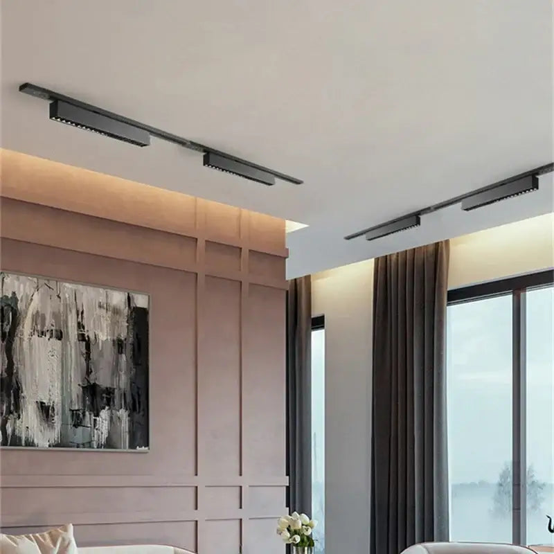 Black linear decorbites led track light fixtures with adjustable grille spot lamps mounted on ceiling rails