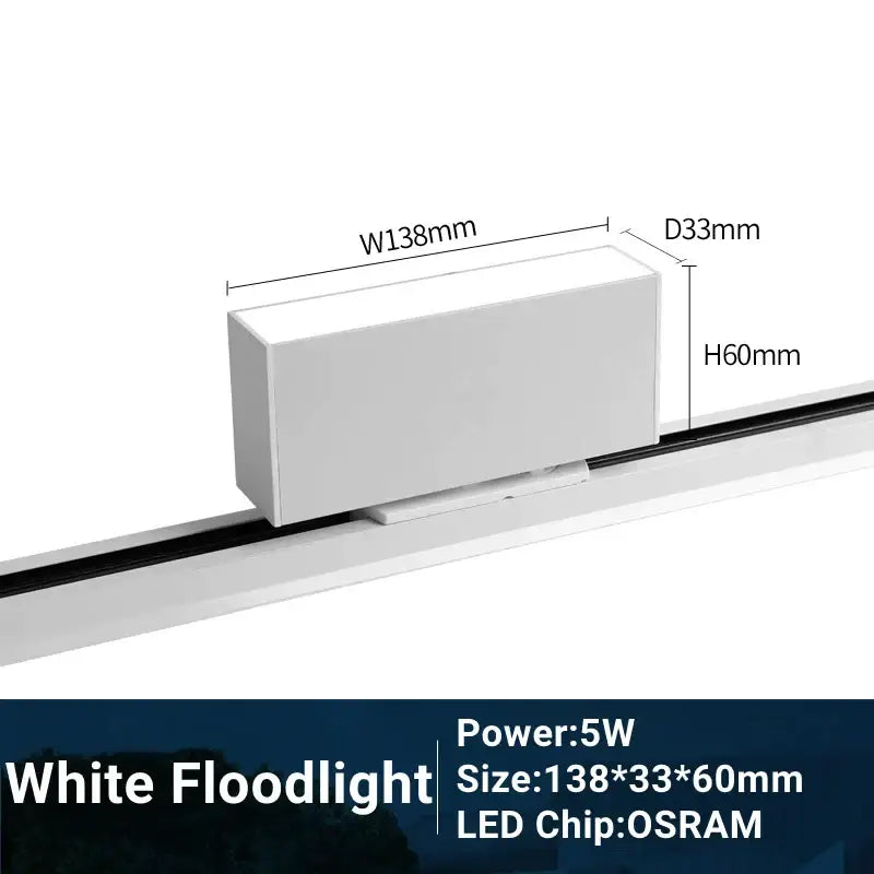 White rectangular DecorBites led track light with sleek modern design 138mm wide by 60mm high for adjustable rail lighting