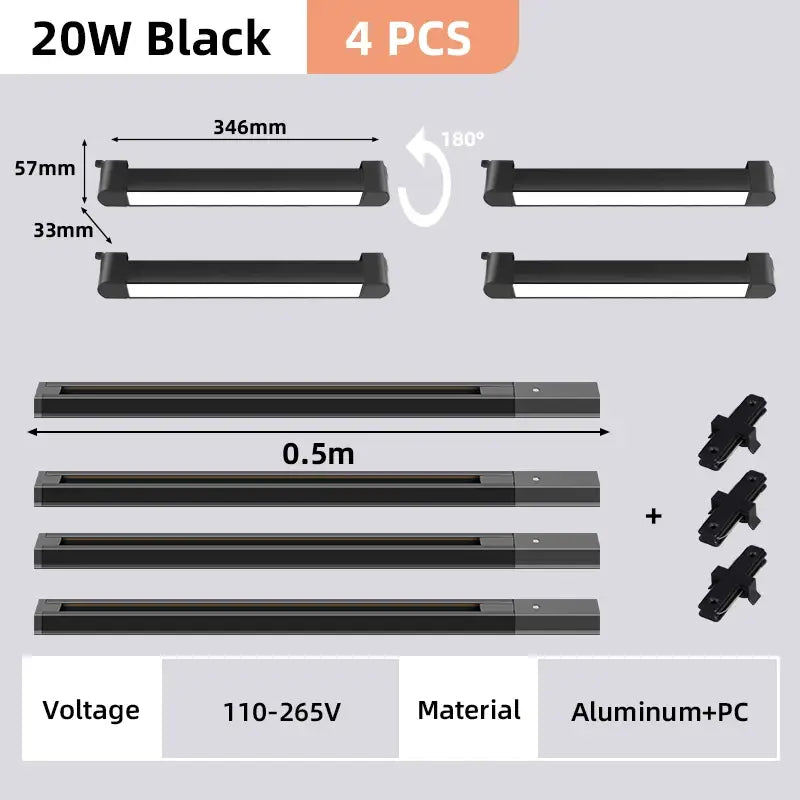 Black 20w led strip lights made of aluminum and pc material in DecorBites track light set for home decor use