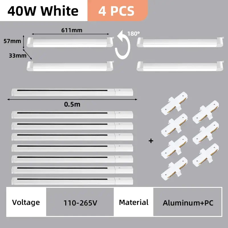 White 40w led track light set with aluminum and pc construction designed for flexible installation in home decor