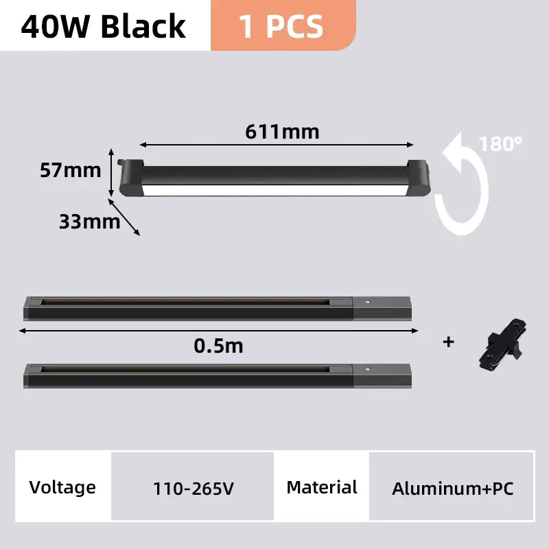 Black 40w led strip light with aluminum and pc construction for flexible mounting in decorbites™ track light set