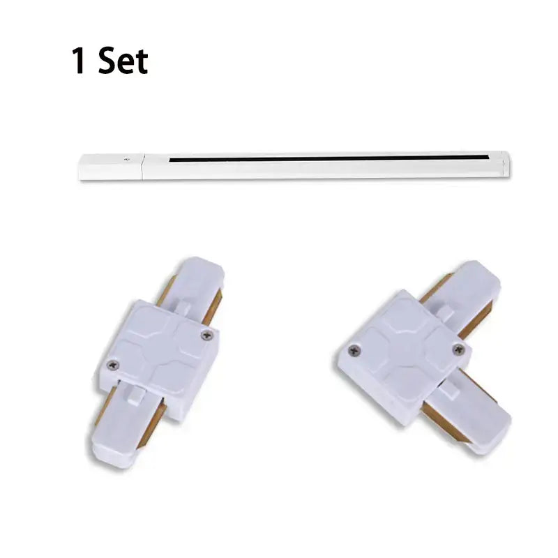 White led track light set with two white plastic hexagonal connectors and gold metallic internal components for home decor
