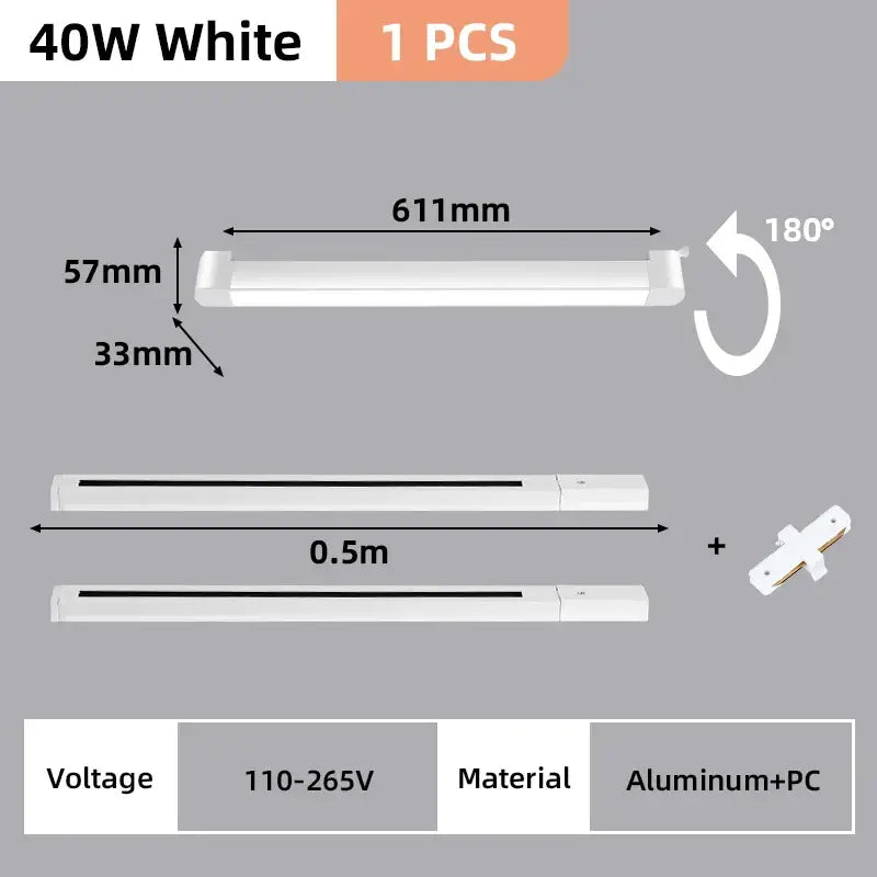 White 40w led linear track light set with aluminum and pc construction featuring sleek rectangular adjustable mounting