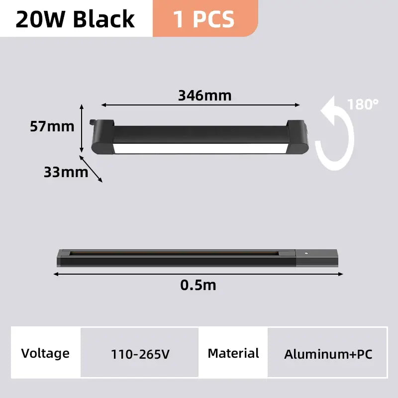 Black 20w led strip track light set with aluminum and pc construction measuring 346mm for home decor use