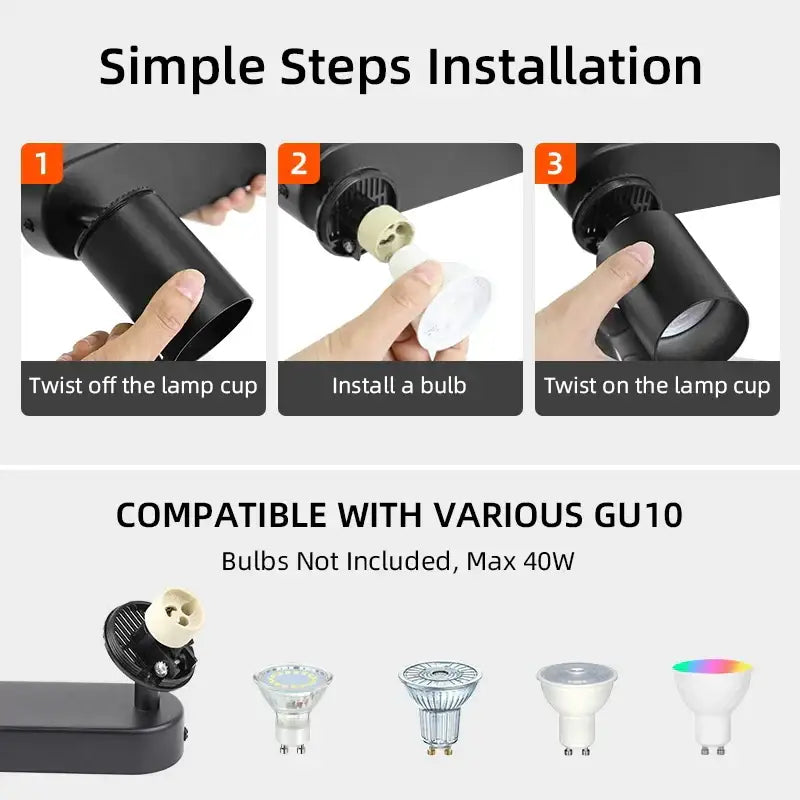 Decorbites™ black cylindrical led track spot with textured surface and integrated base for gu10 bulb installation