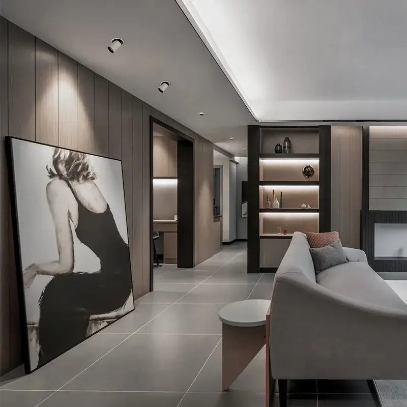 Decorbites led transformer downlight featuring a rotatable cob chip illuminated near a black and white framed portrait