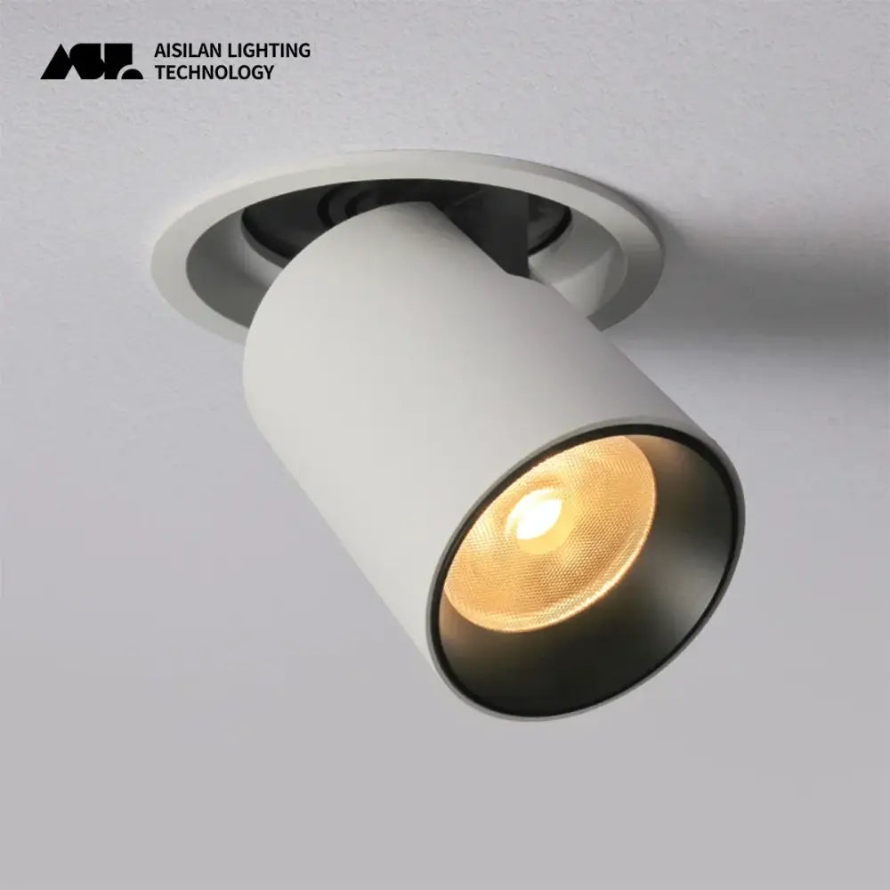 White cylindrical decorbites led transformer downlight with matte finish and black reflector emitting warm light