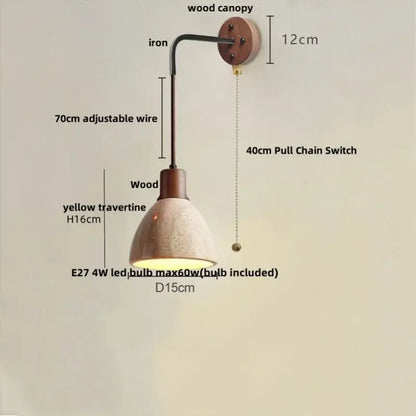 DecorBites led travertine wall lamp with wooden canopy iron arm and yellow travertine stone shade with e27 led bulb