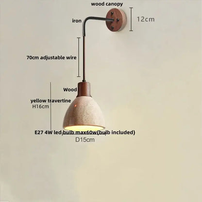 Rustic industrial wall lamp with wooden canopy iron arm and yellow led travertine stone shade by decorbites led travertine