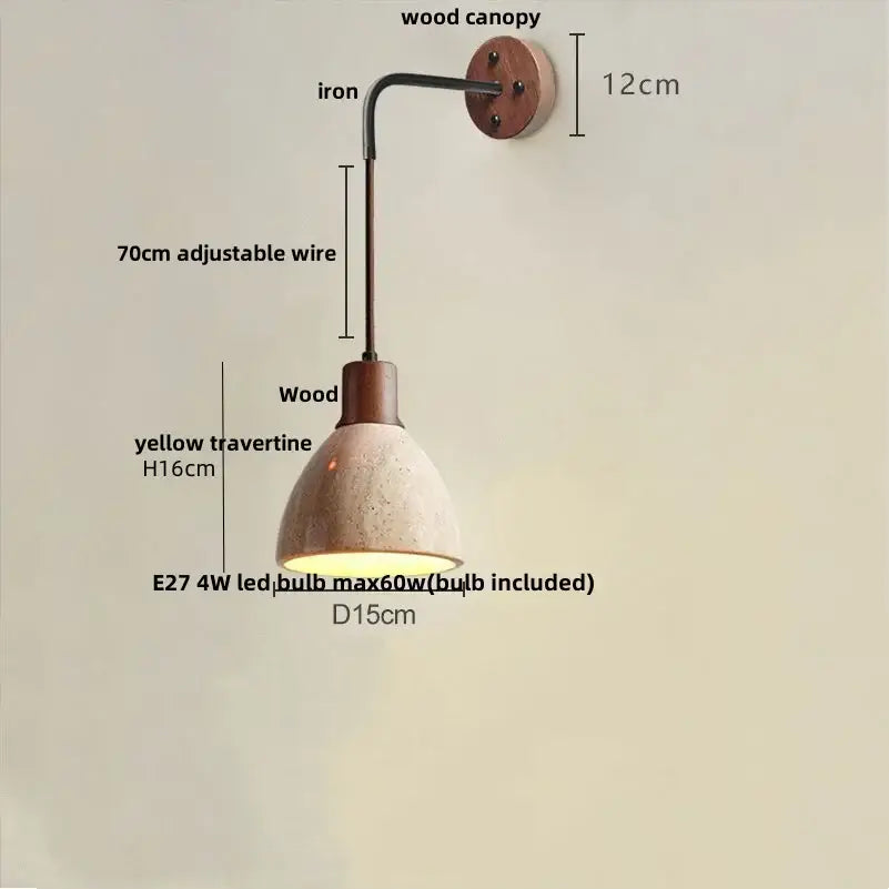 Rustic industrial wall lamp with wooden canopy iron arm and yellow led travertine stone shade by decorbites led travertine