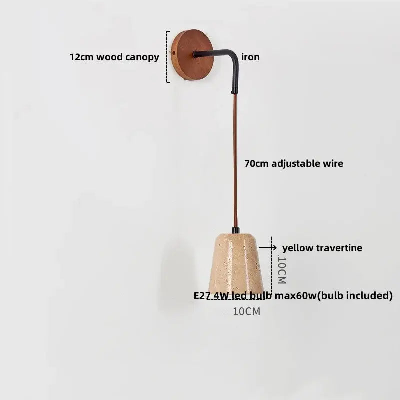 Modern wall lamp by decorbites led travertine with 12cm wooden canopy black iron arm and yellow travertine stone shade