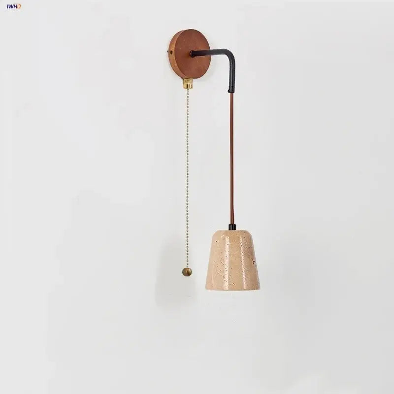 Beige speckled ceramic wall lamp with wooden base and black metal arm decorbites led travertine stone lighting