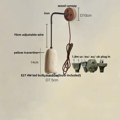 Rustic decorbites led travertine wall lamp with wooden canopy iron arm and yellow travertine stone shade