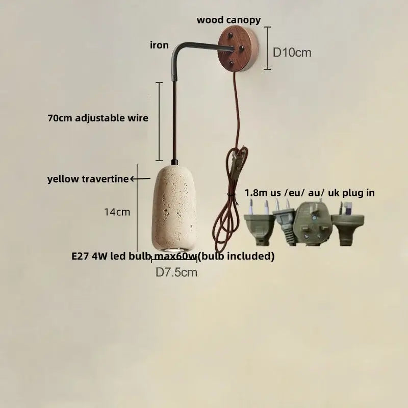 Rustic decorbites led travertine wall lamp with wooden canopy iron arm and yellow travertine stone shade