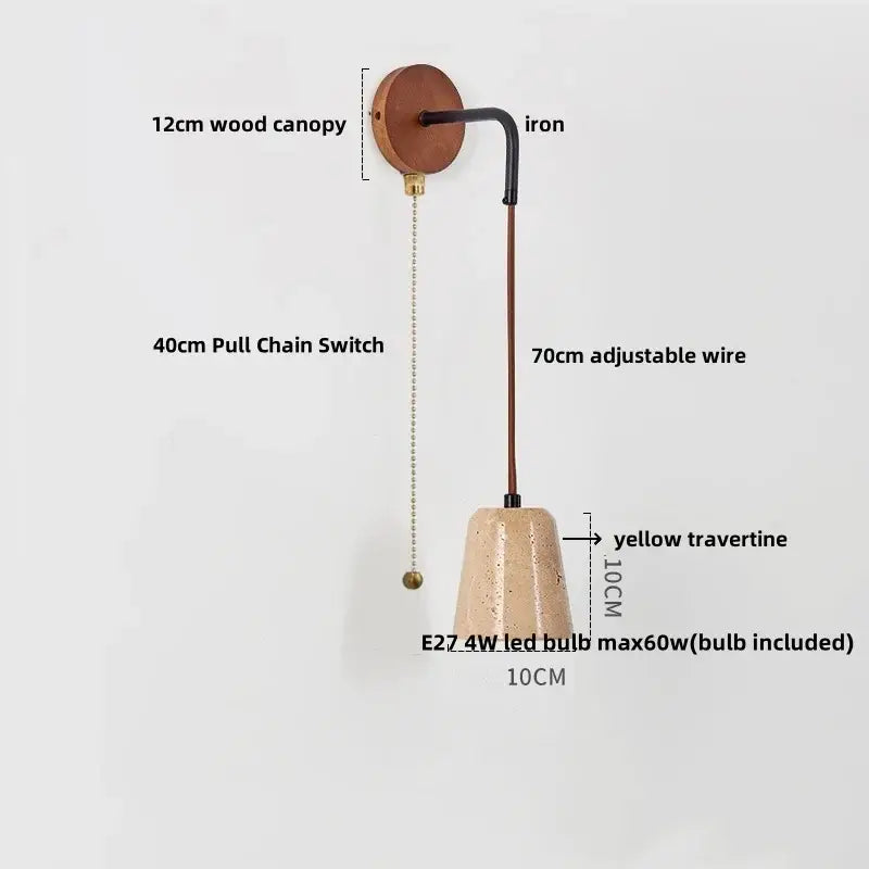 Modern nordic wall lamp with 12cm wooden canopy black iron arm and led travertine stone yellow shade decorbites led travertine
