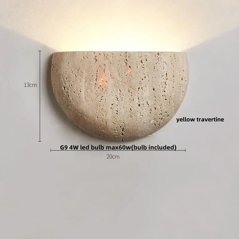 A half-moon decorbites led travertine wall light in natural yellow with textured stone and g9 4w led bulb