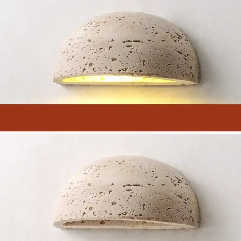 DecorBites™ led travertine wall light half-spherical concrete wall sconce with warm natural yellow ambiance lighting