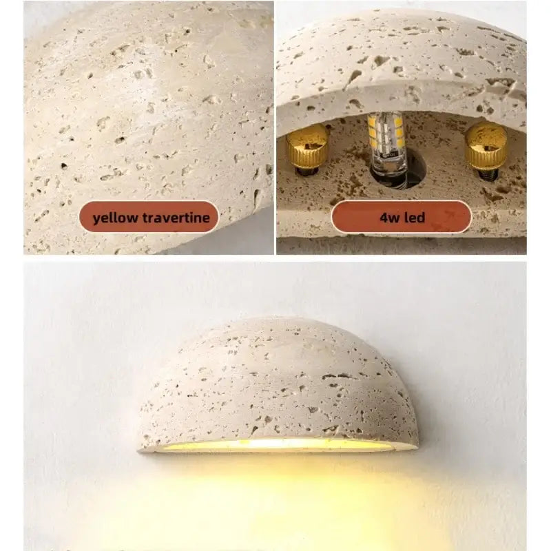 DecorBites led travertine half-moon wall light in natural yellow textured stone with warm 4w led for aisle study porch