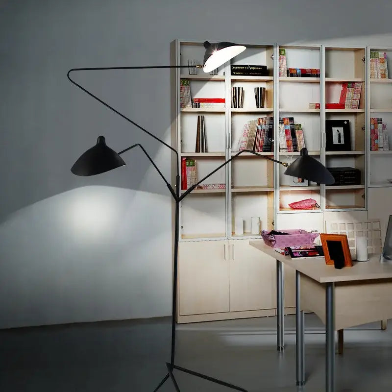 Black metal decorbites led tripod floor lamp with three adjustable arms and conical shades for industrial loft decor