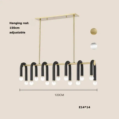 Modern black and brass decorbites led tube u-shaped chandelier with 14 exposed bulbs for high ceiling lighting