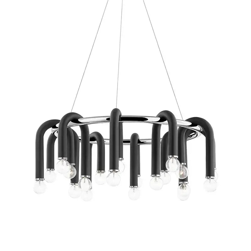 Black and chrome decorbites led tube chandelier with curved arms and clear bulb fixtures for high ceiling lighting