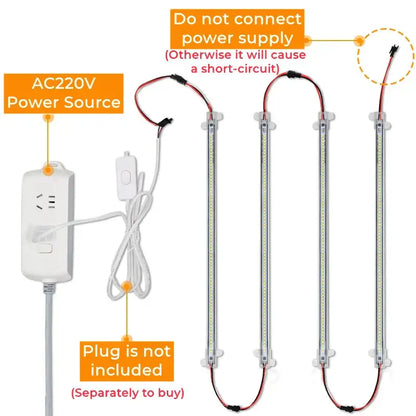 Set of four slim silver decorbites led tube lamps with clear end caps and red black wiring for cabinet lighting