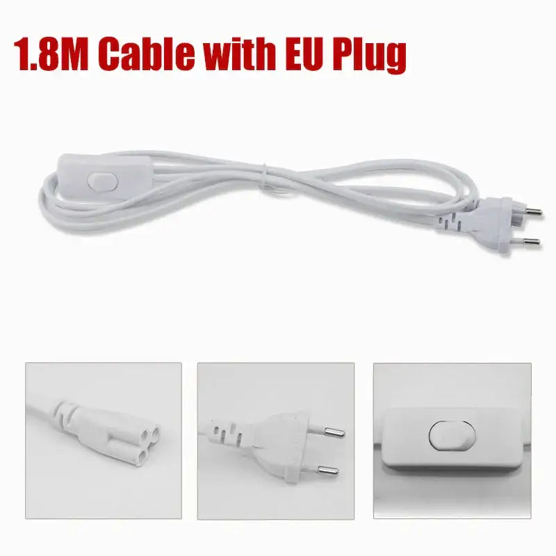 White 1.8-meter cable with eu plug and switch for decorbites™ led tube light fixture with smooth plastic sheath