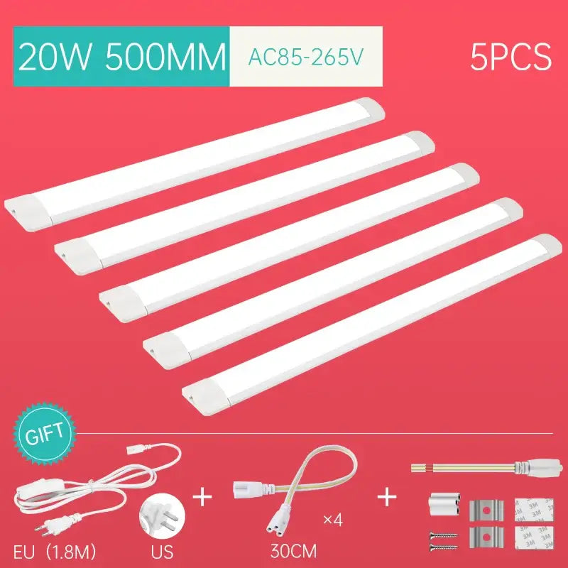 Five white 500mm long 20w led tube lights in decorbites™ tube light fixture for kitchen bedroom cabinet lighting
