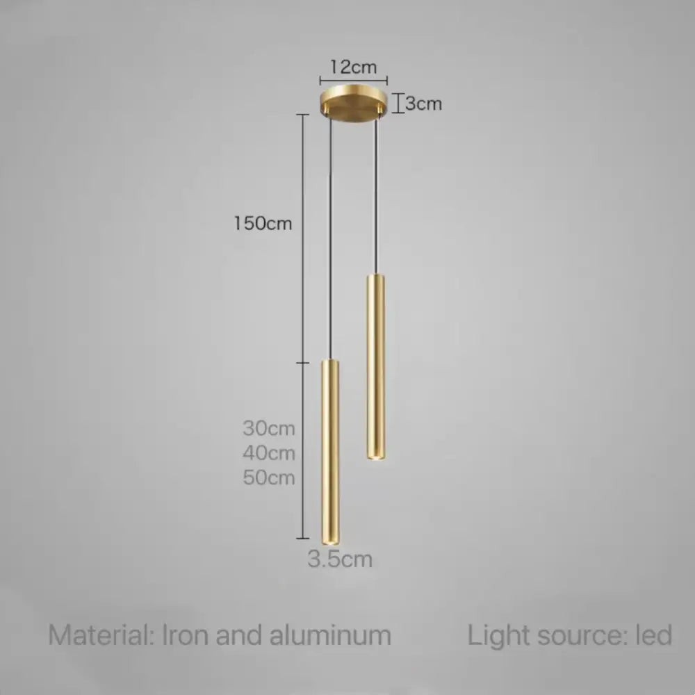 Gold-colored decorbites led tube pendant light with two cylindrical rods crafted from iron and aluminum for indoor use