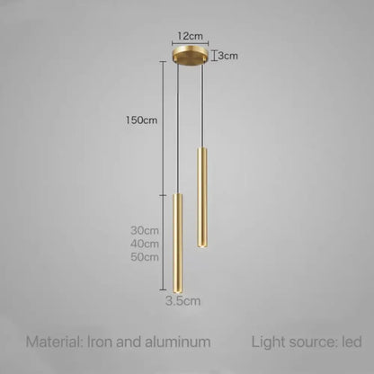 Gold-colored decorbites led tube pendant light with two cylindrical rods crafted from iron and aluminum for indoor use