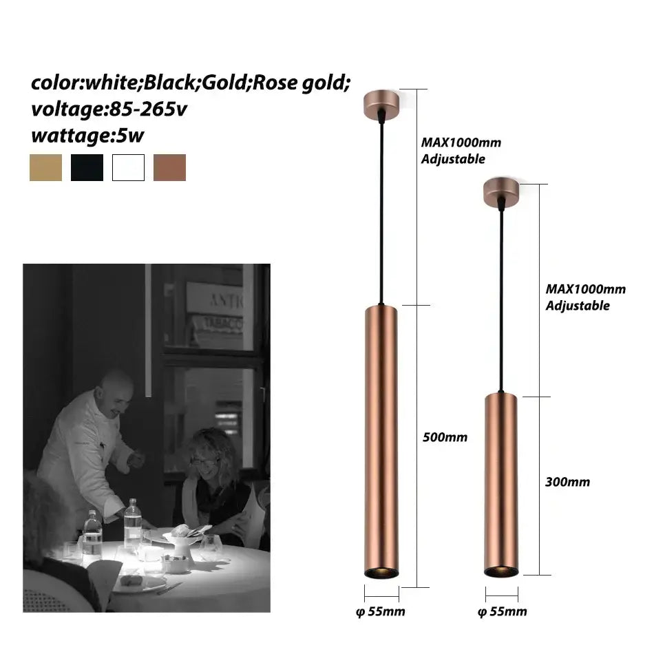 Rose gold cylindrical decorbites led tube pendant light with adjustable length and 5w wattage for kitchen dining