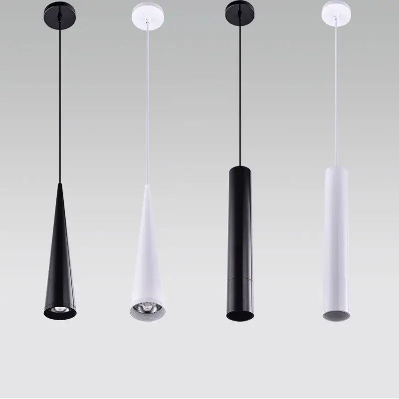 Modern minimalist decorbites led tube pendant lights in black and white with matte cylindrical and conical shapes for dining room