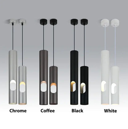 Modern cylindrical pendant lights in chrome coffee black and white finishes for decorbites led tube surface mount use