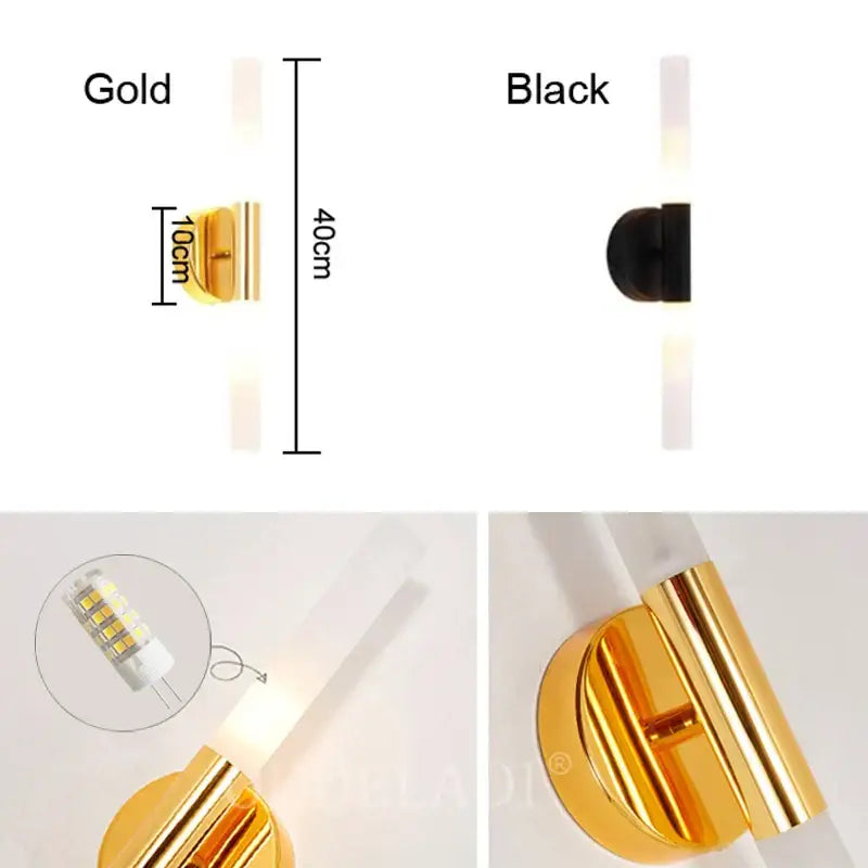 Gold and black modern metal decorbites led tube wall light with sleek cylindrical design for bedroom and foyer use