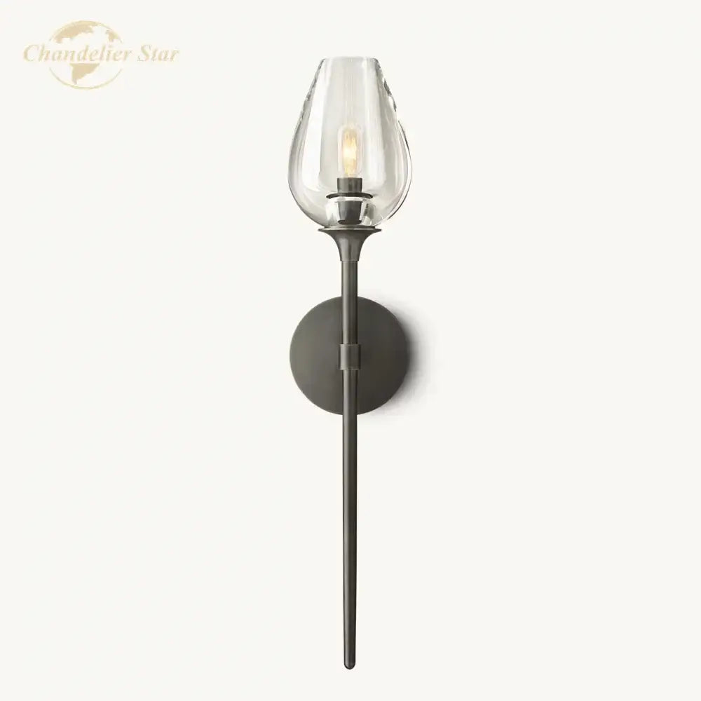 Decorbites led tulip wall sconce with dark matte metal stem and clear glass shade for bedroom and living room lighting