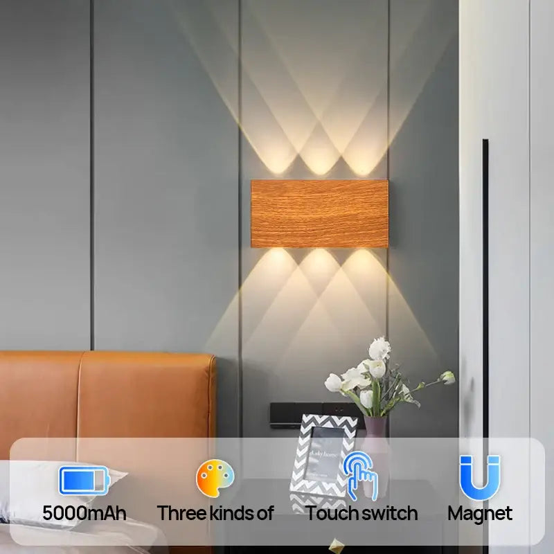 DecorBites™ led wall sconce made of wood with six light beams battery operated for indoor lighting decor