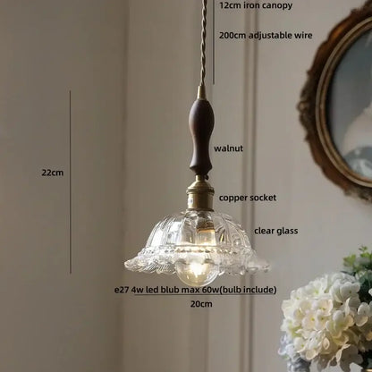 Decorbites led walnut and glass pendant light with clear faceted shade and adjustable wire for dining room use