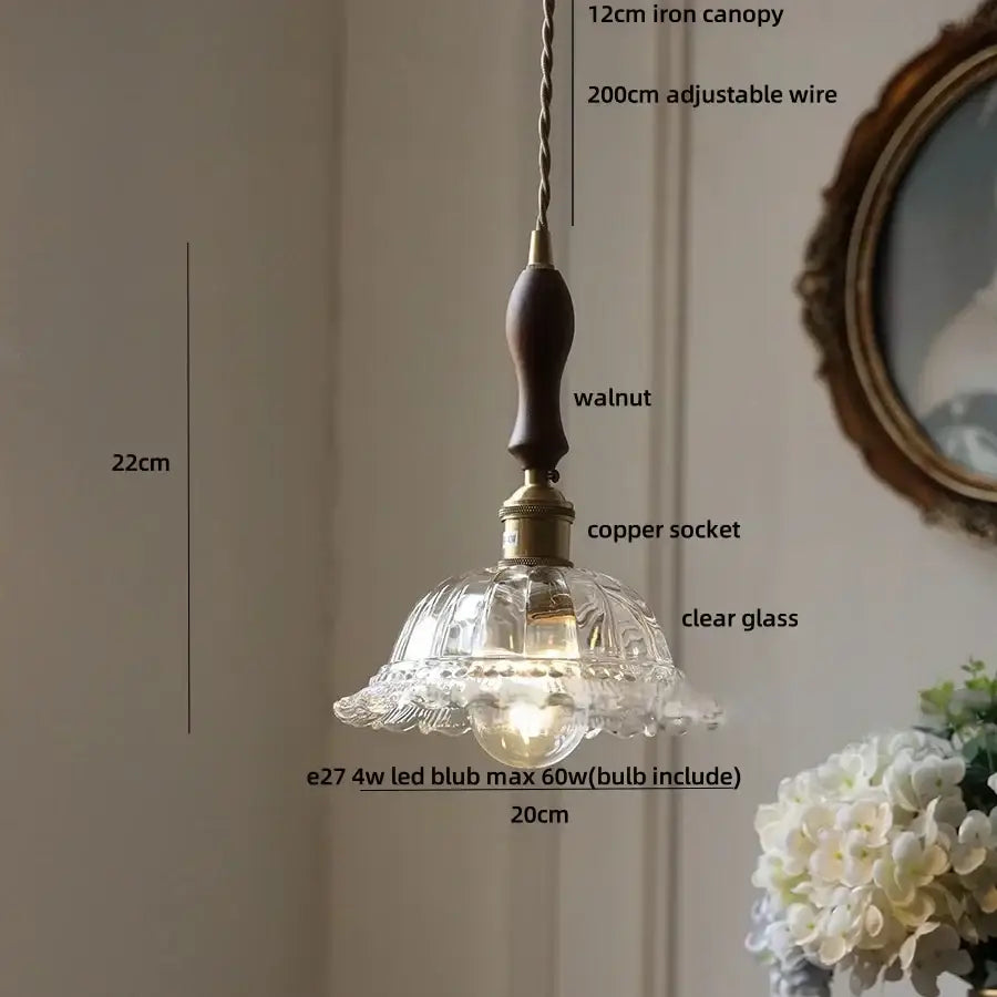 Decorbites led walnut and glass pendant light with clear faceted shade and adjustable wire for dining room use