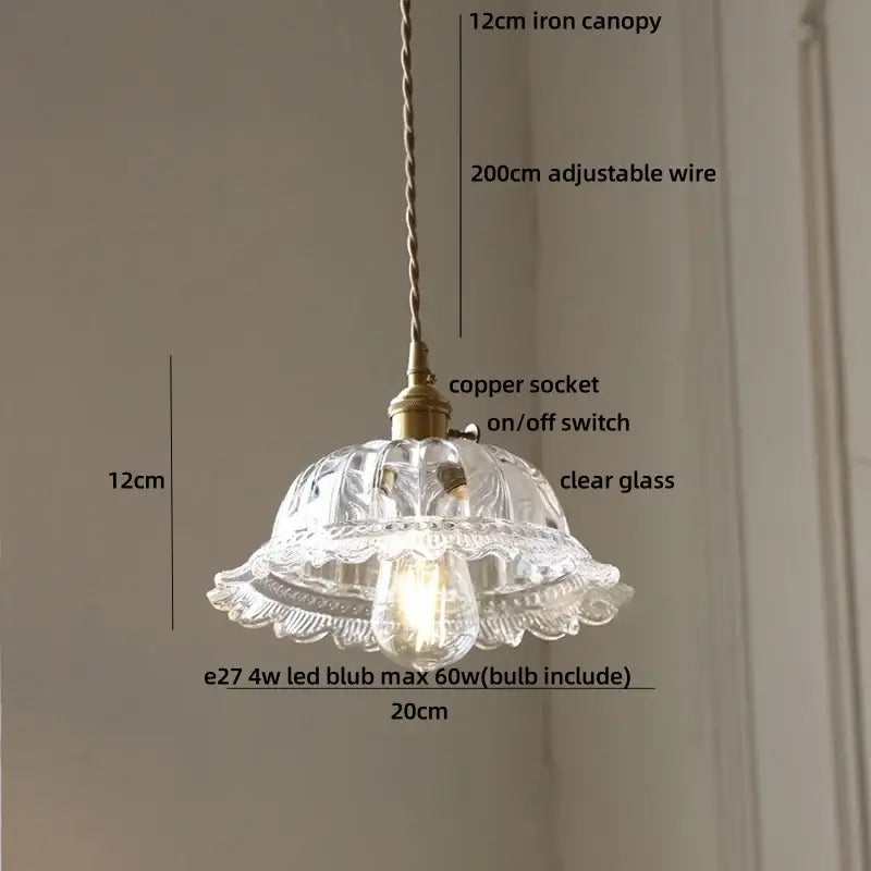 Clear glass pendant light with fluted scalloped design and brass copper socket in decorbites led walnut style