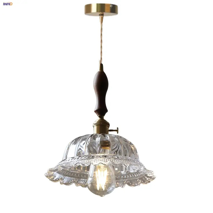 Decorbites led walnut pendant light with clear glass shade, brass fixture, and dark wood handle for dining room lighting
