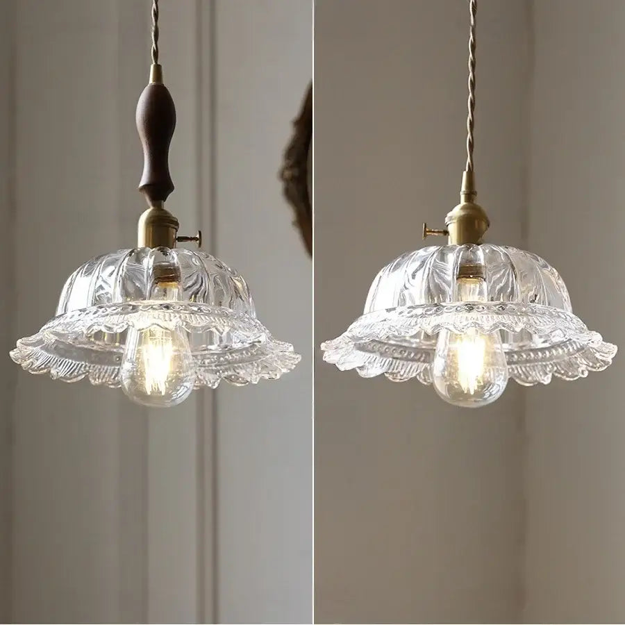 Clear glass decorbites led walnut pendant light with floral etching scalloped edge brass hardware for dining room