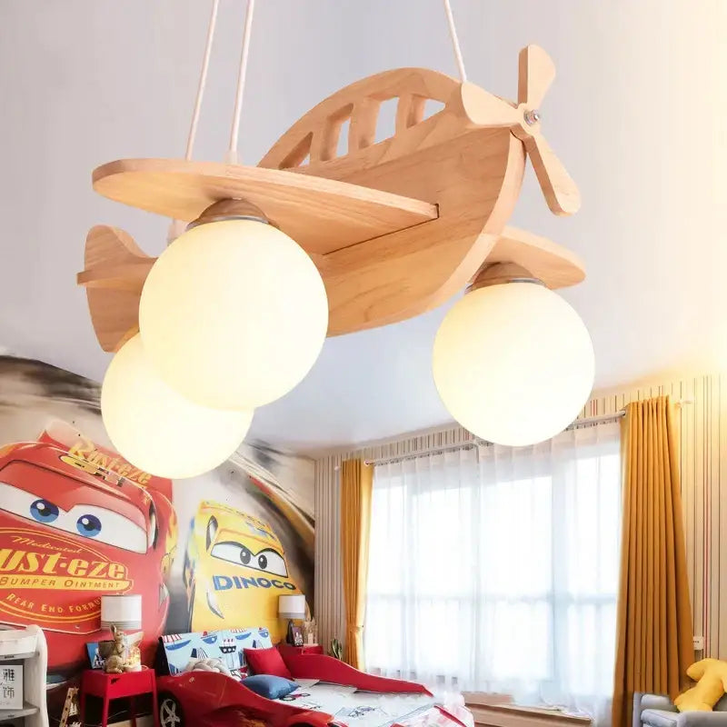 Decorbites led wooden aircraft kids chandelier pendant light with wooden airplane shape and three frosted glass globe bulbs