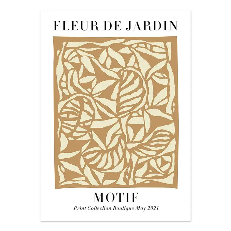 Beige and cream vintage plant wall art featuring lemon flower botanical print with intricate cut-out leaf pattern text design