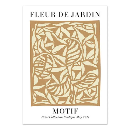 Beige and cream vintage plant wall art featuring lemon flower botanical print with intricate cut-out leaf pattern text design